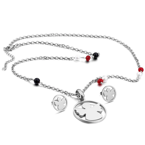 Collar De Ángel Calado Y Pendientes De Botón Acero Inoxidable 316L Chapado En Oro 18K Cuentas Coloridas Joyería Mujer