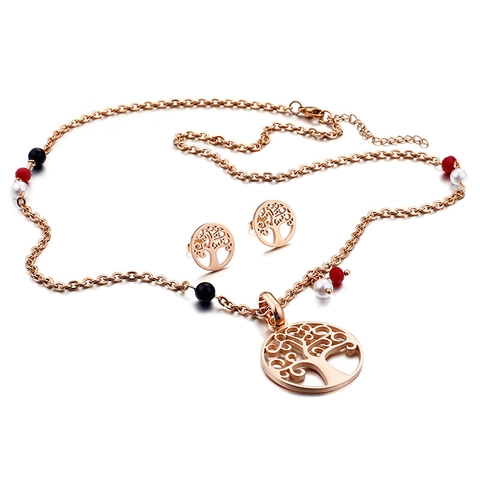 Collar Y Pendientes Árbol De La Vida Hueco Acero De Titanio Chapado En Oro De 18 Quilates Cuentas De Colores Joyería Mujer