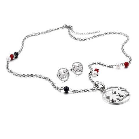 Juego De Joyas De Acero Inoxidable Collar Y Pendientes Con Silueta De Niño Y Niña Colgante Redondo Cuentas De Colores