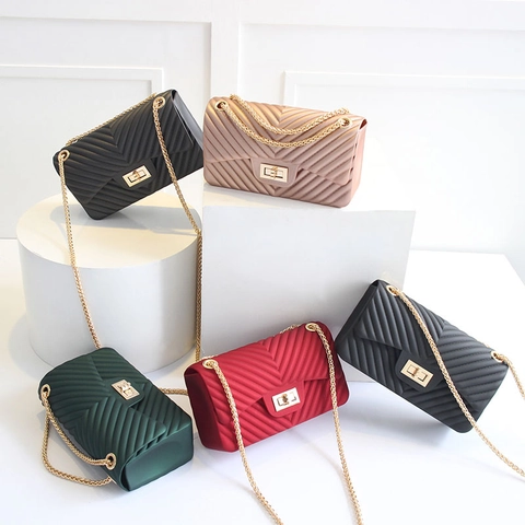Damen Umhängetasche V-Muster Matte PVC Jelly Tasche Goldene Kette Drehverschluss Koreanische Schultertasche