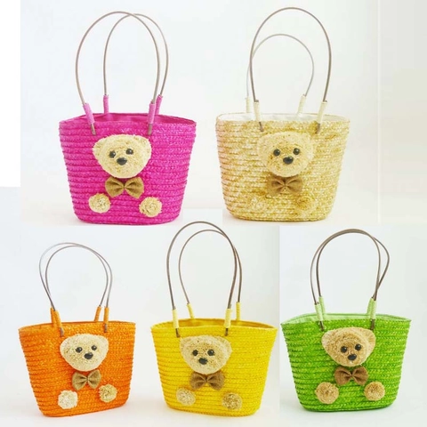 Bolso De Mano De Paja Tejida Con Peluche De Oso De Peluche Estilo Vacaciones En La Playa Para Mujeres