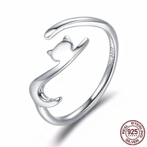 925 Sterling Silver Cat Open Ring Adjustable Cute Kitten Animal Wrap Ring For Women Girls Minimalist Fashion Jewelry Gift