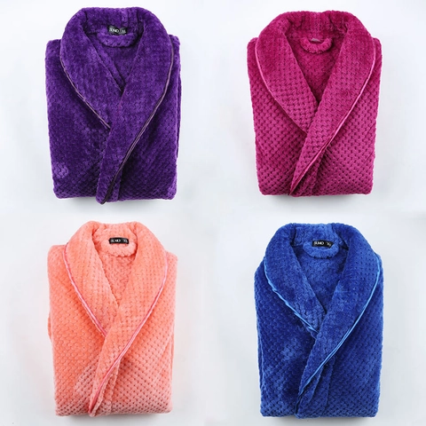 Long Bathrobe Thickened Flannel Polyester Waffle Texture Shawl Collar Waist Tie Pocket Home Sleepwear Men And Women Couple
