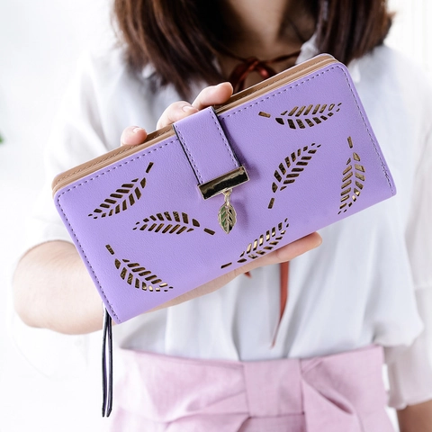 Koreaanse Stijl Lange Dames Portemonnee PU Leer Uitgehold Bladpatroon Multi Kaartsleuven Clutch Met Metalen Bladhanger