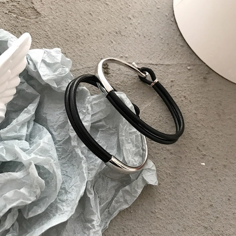 925 Sterling Silver Genuine Leather Bracelet Minimalist Asymmetric Rope Bangle Jewelry For Women Men Couples Trendy