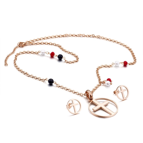 Collana E Orecchini Acciaio Inossidabile Croce Ciondolo Rotondo Cavo Perline Colorate Gioielli Moda