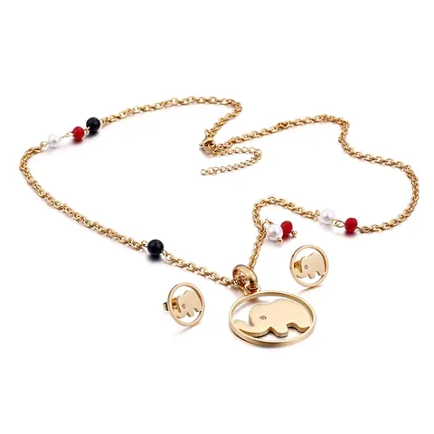 Moda Acero Inoxidable Elefante Recorte Colgante Collar Y Pendientes Con Cuentas Coloridas Ojos Circón Para Mujeres