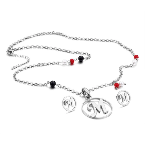 Conjunto De Collar Y Pendientes De Acero Inoxidable Con Letra M Redonda Y Cuentas De Colores Antialérgico Chapado En Oro Moda