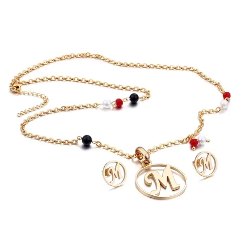 Conjunto De Collar Y Pendientes De Acero Inoxidable Con Letra M Redonda Y Cuentas De Colores Antialérgico Chapado En Oro Moda