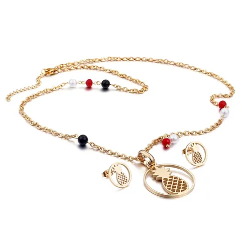 Joyas De Collar Y Pendientes De Piña De Acero Inoxidable Con Cuentas Rojas Blancas Y Negras Estilo Tropical Mujeres