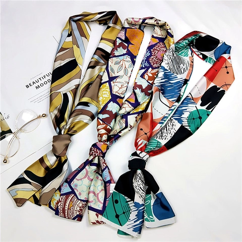 Long Narrow Satin Scarf For Women Vintage Printed Satin Like Neck Tie Handbag Handle Ribbon Elegant Hair Band Accessory
