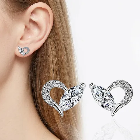 Eleganti Orecchini a Bottone in Zirconia a Cuore da Donna in Rame Placcato Oro Rosa Bianco Con Perno in Argento Sterling 925