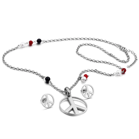 316L Stainless Steel 18K Gold Plated Peace Sign Necklace And Earrings With Red White Black Beads Fashion Jewelry
