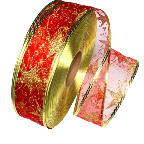 Christmas Ribbon Translucent Mesh Bronzing Star Musical Note Pattern Metallic Edge Gift Wrapping DIY Tree Decor