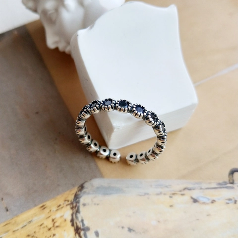 Anello Aperto In Argento Sterling 925 Vintage Per Donna Minimalista Zircone Nero Gioiello Geometrico Stile Retrò