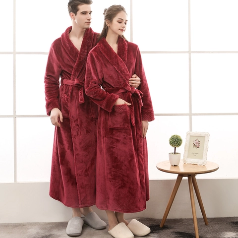Peignoir En Flanelle Épaisse Long Hiver Sommeil Col Châle Chemise De Nuit Ceinture Taille Poches Couple Unisexe Vêtements De Détente