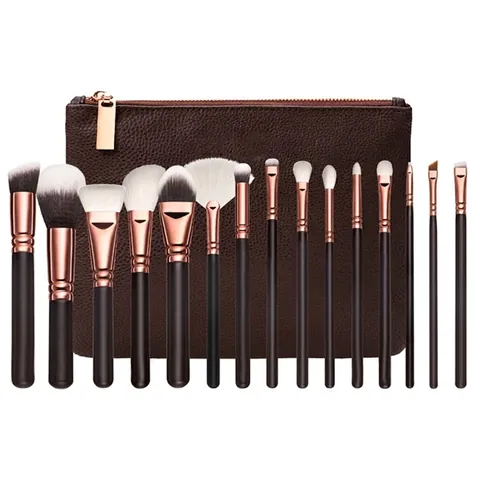 Set de Brochas de Maquillaje Profesional Fibra Sintética Mango de Madera Con Bolsa de Cuero de PU para Rostro y Ojos
