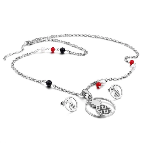 Joyas De Collar Y Pendientes De Piña De Acero Inoxidable Con Cuentas Rojas Blancas Y Negras Estilo Tropical Mujeres
