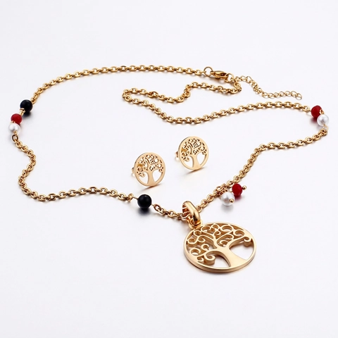 Collar Y Pendientes Árbol De La Vida Hueco Acero De Titanio Chapado En Oro De 18 Quilates Cuentas De Colores Joyería Mujer