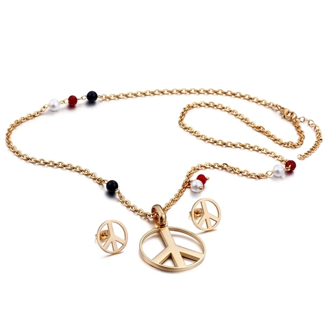316L Stainless Steel 18K Gold Plated Peace Sign Necklace And Earrings With Red White Black Beads Fashion Jewelry