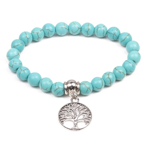 Lebensbaum Anhänger Armband Synthetische Türkis Perlen Legierung Elastisch Handgefertigt Schmuck Für Herren Damen