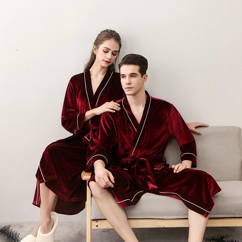 Velvet Bathrobe Sleepwear V-Neck Long Sleeve Contrast Piping Tie Waist Robe For Couples Men Women Luxurious Loungewear