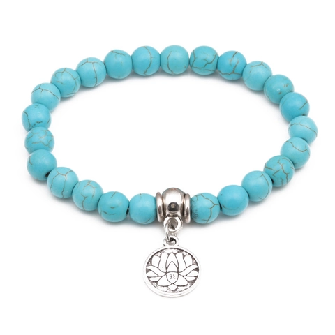 Turquoise Beaded Bracelet With Alloy Lotus Pendant Round Natural Stone Elastic Yoga Healing Jewelry For Women Men