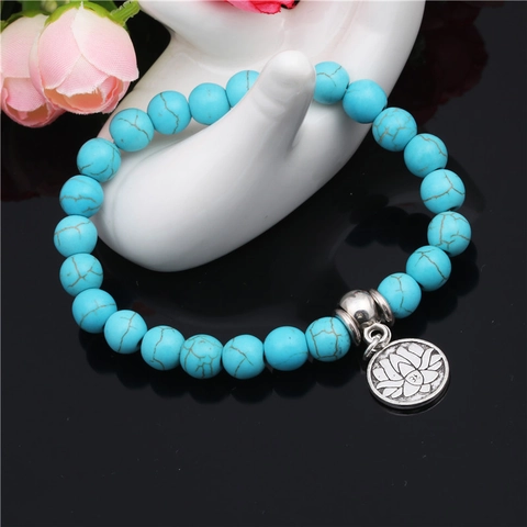Turquoise Beaded Bracelet With Alloy Lotus Pendant Round Natural Stone Elastic Yoga Healing Jewelry For Women Men