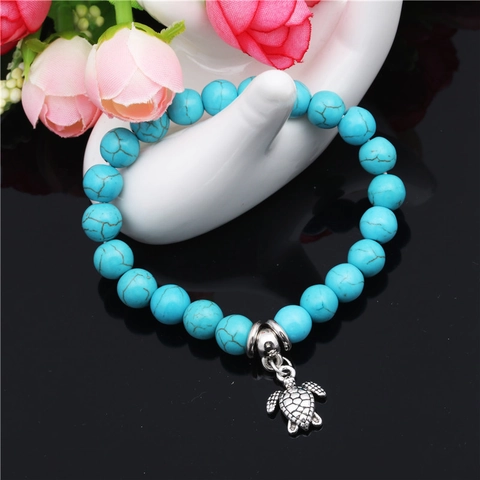 Turquoise Beaded Bracelet With Silver Turtle Pendant Elastic Natural Stone Sea Style Jewelry For Men Women