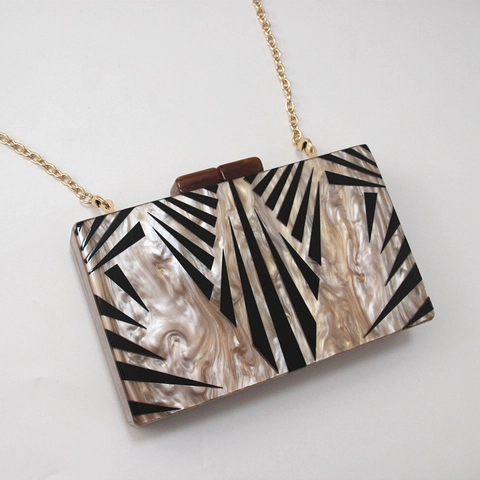Borsa Da Sera Clutch In Acrilico Trama Marmo Design Geometrico Stile Art Deco Vintage Con Tracolla A Catena Dorata