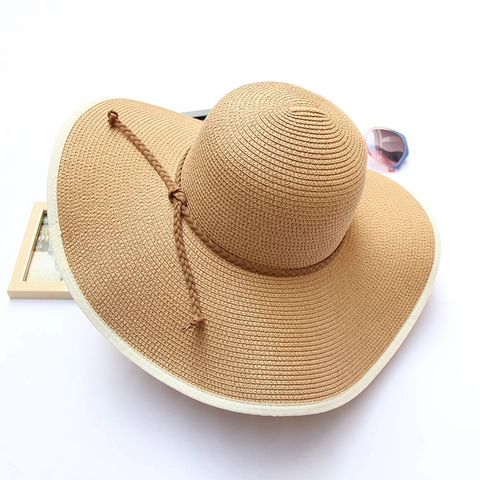 Women Wide Brim Paper Straw Hat Foldable Beach Sun Hat With Ribbon Bow Vacation Summer Sunshade Outdoor Travel Straw Hat