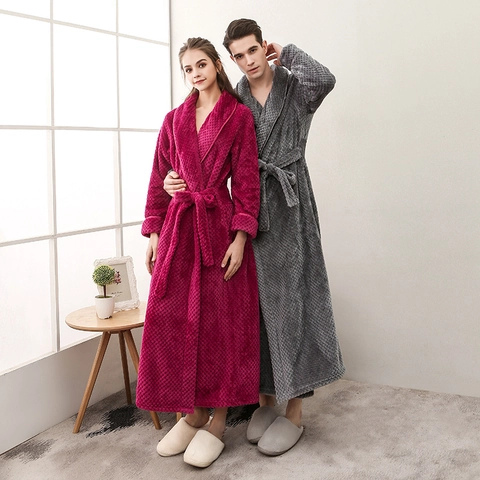 Long Bathrobe Thickened Flannel Polyester Waffle Texture Shawl Collar Waist Tie Pocket Home Sleepwear Men And Women Couple