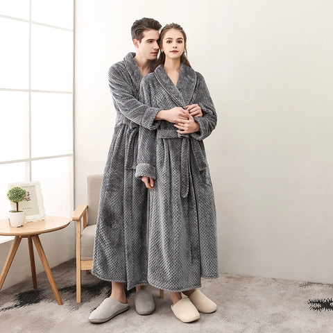 Couple Long Bathrobe Thickened Flannel Pineapple Grid Warm Sleepwear Robe With Belt For Men And Women