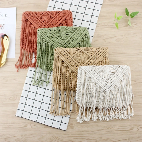 Handmade Woven Cotton Rope Crossbody Bag Summer Beach Vacation Tassel Macrame Geometric Pattern Shoulder Bag For Women