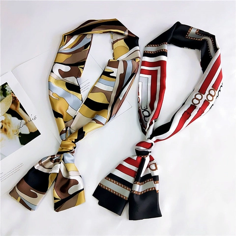 Long Narrow Satin Scarf For Women Vintage Printed Satin Like Neck Tie Handbag Handle Ribbon Elegant Hair Band Accessory
