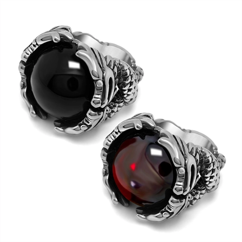 Anello Artiglio Di Drago Retrò In Acciaio Al Titanio Con Pietra Preziosa Rotonda Rossa Nera Gioielli Punk Vintage Per Uomini