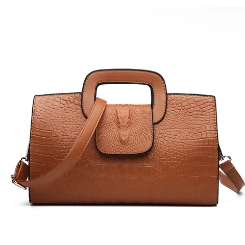 Women Crocodile Pattern PU Leather Handbag With Embossed Animal Head Cutout Handle Shoulder Bag