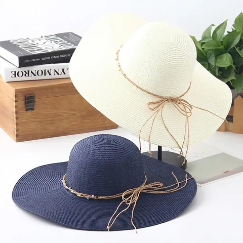 Sombrero De Sol Paja Mujeres Plegable Vacaciones Playa Ala Ancha Ajustable Lazo Perla Protección Verano