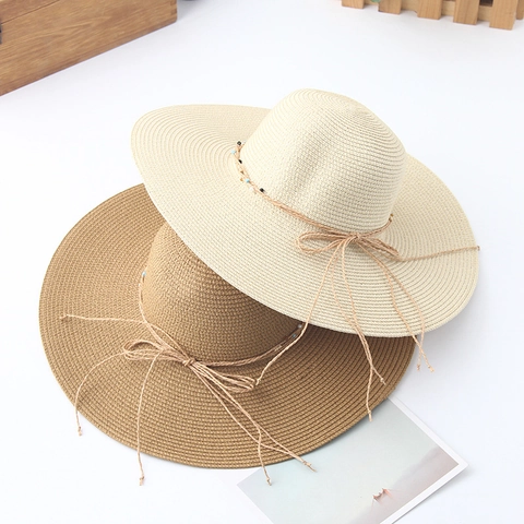 Sombrero De Sol Paja Mujeres Plegable Vacaciones Playa Ala Ancha Ajustable Lazo Perla Protección Verano
