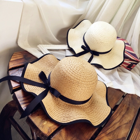 Women Straw Sun Hat Wide Brim Wavy Edge Ribbon Bow Summer Beach Vacation Foldable Breathable Sunshade Korean Style