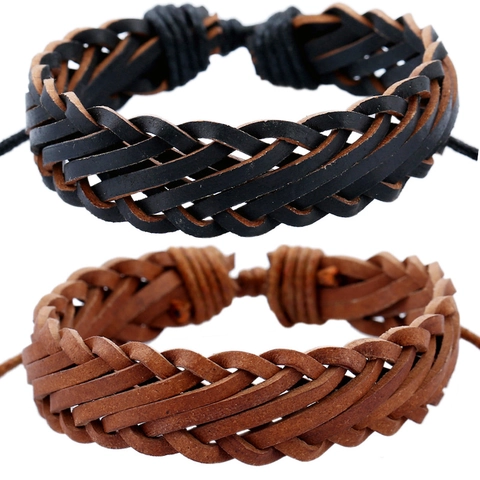 Pulsera De Cuero PU Trenzada A Mano Para Hombre Vintage Multicapa Cordón De Cera Ajustable Estilo Punk Casual