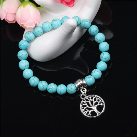 Tree Of Life Pendant Bracelet Synthetic Turquoise Beads Alloy Charm Elastic Handmade Boho Jewelry For Men Women
