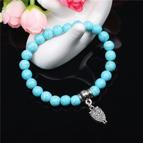 Men Beaded Bracelet Turquoise Style Stones Alloy Owl Pendant Elastic Stretch Jewelry Bohemian Retro Gift