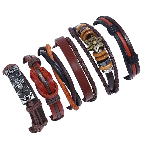 Vintage Punk Armband Geflochtenes Rindsleder Legierung Stern Kleeblatt Holzperlen Boho Schmuck Unisex