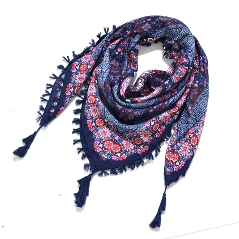 Sciarpa Quadrata Boho Etnica Rayon Stampa Paisley Floreale Scialle Con Nappine Avvolgente Versatile