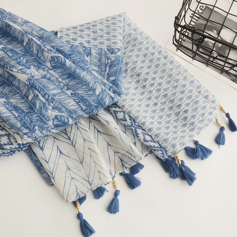 Boheemse Sjaal Omslagdoek Katoen Linnen Print Kwastje Houten Kralen Zonbescherming Lange Mode Wraps Vrouwen