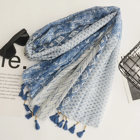 Boheemse Sjaal Omslagdoek Katoen Linnen Print Kwastje Houten Kralen Zonbescherming Lange Mode Wraps Vrouwen