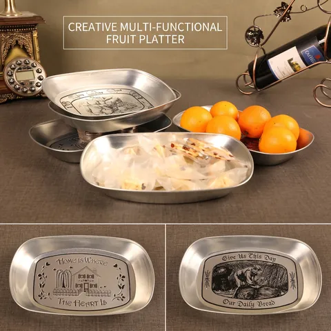 Vintage Metal Serving Tray Embossed Tinplate Fruit Plate Retro Oval Decorative Snack Dish Home Kitchen Decor