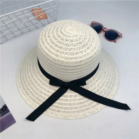 Elegant Women Straw Sun Hat Wide Brim Foldable Black Ribbon Bow French Style Summer Beach Vacation Sun Protection