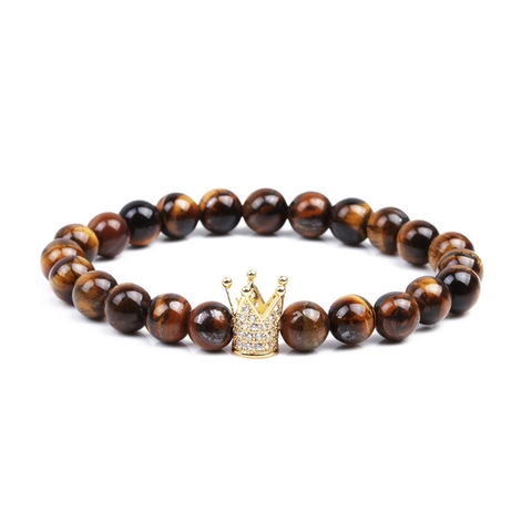 Natural Tiger Eye And White Howlite Beaded Bracelet With Crown Charm Zircon Inlaid Copper Accessories Men Jewelry